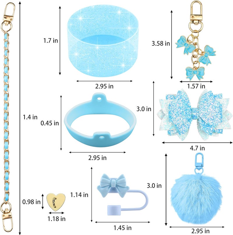 SEMATA Bling Accessories for Stanley Cup 40oz & 30oz Tumbler Including Silicone Cute Bow Straw Topper Cover, Silicone Boot for Stanley Cup,Leather Water Bottle Handle Strap, Charms(Blue) - Image 3